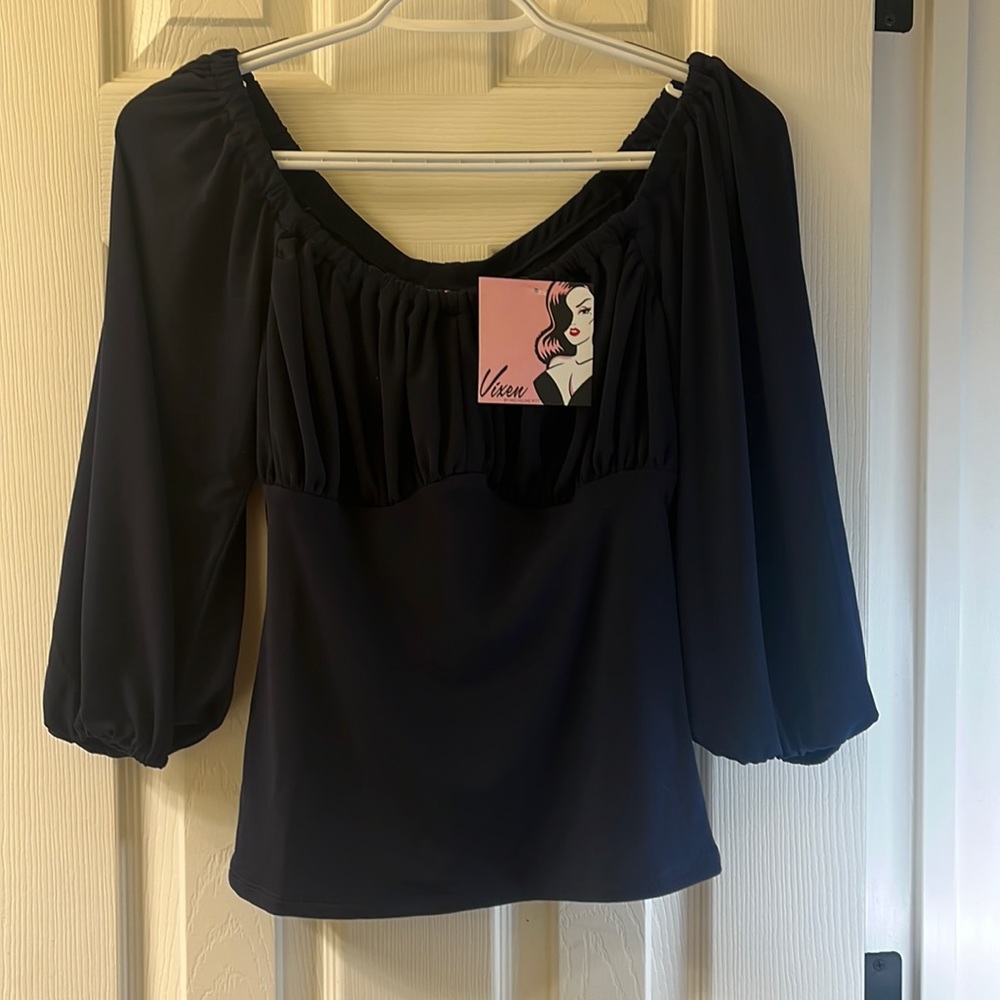 Dark navy heavy weight stretch peasant top vintage rockabilly